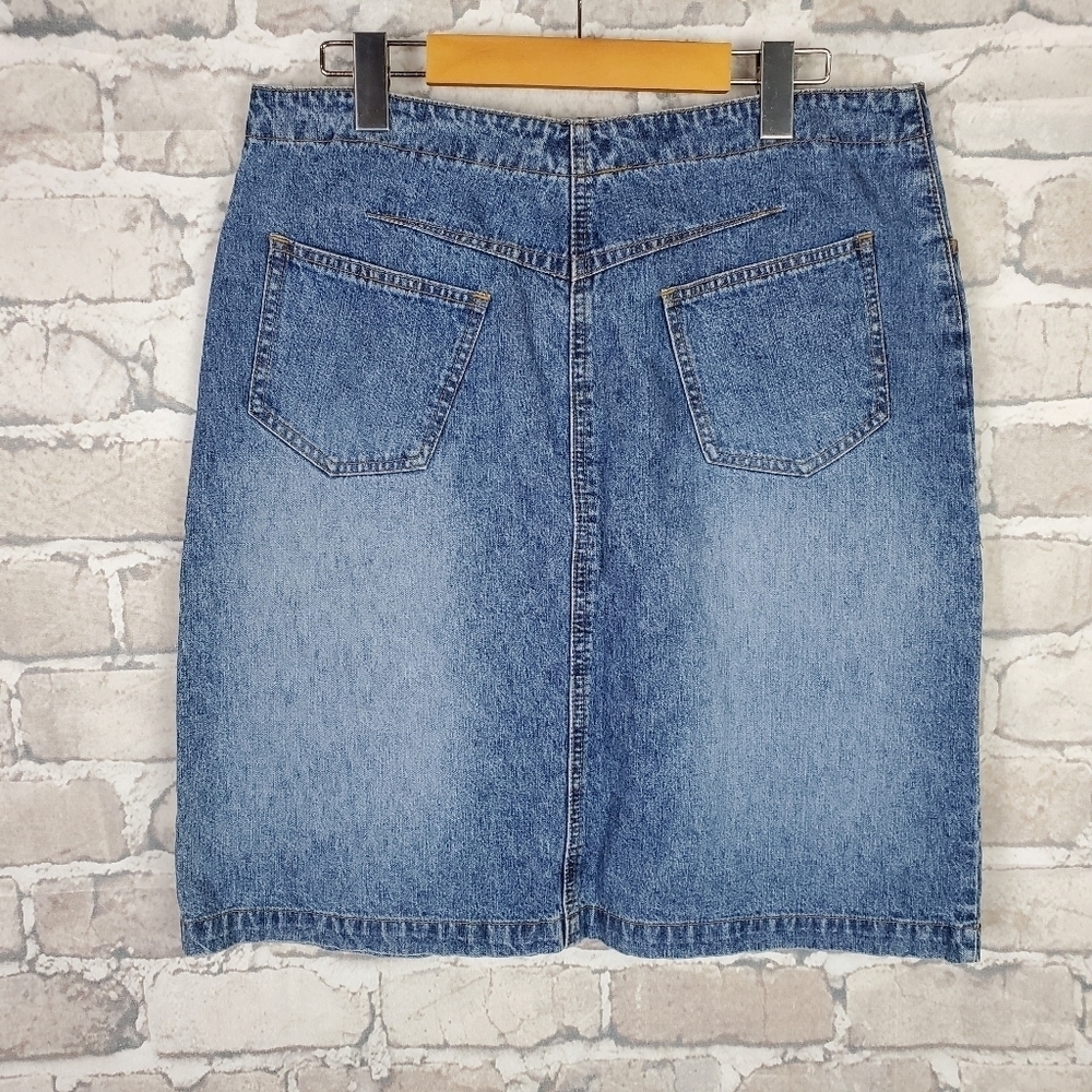 Vintage Midi Denim  Skirt 13 Blue Fade Front Slit Cotton Ginny Coastal Festival - Picture 6 of 10
